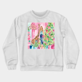 Preppy girl and giraffe decorating Christmas tree Crewneck Sweatshirt